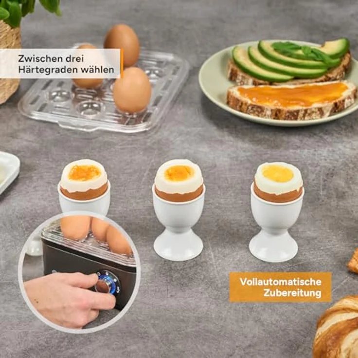 TZS First Austria Eierkocher Grau, 8 Eier Kapazität, 4 Kochstufen mit Dampfgarfunktion, automatische Abschaltung, Trockenkochschutz, inkl. Messbecher & Pochierschale – Bild 4