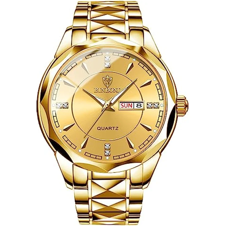JewelryWe Herrenuhr Edelstahl - Gold Analog Quarz Armbanduhr mit leuchtenden Zeigern, Datum, Woche und 30m Wasserdichtigkeit – Bild 1