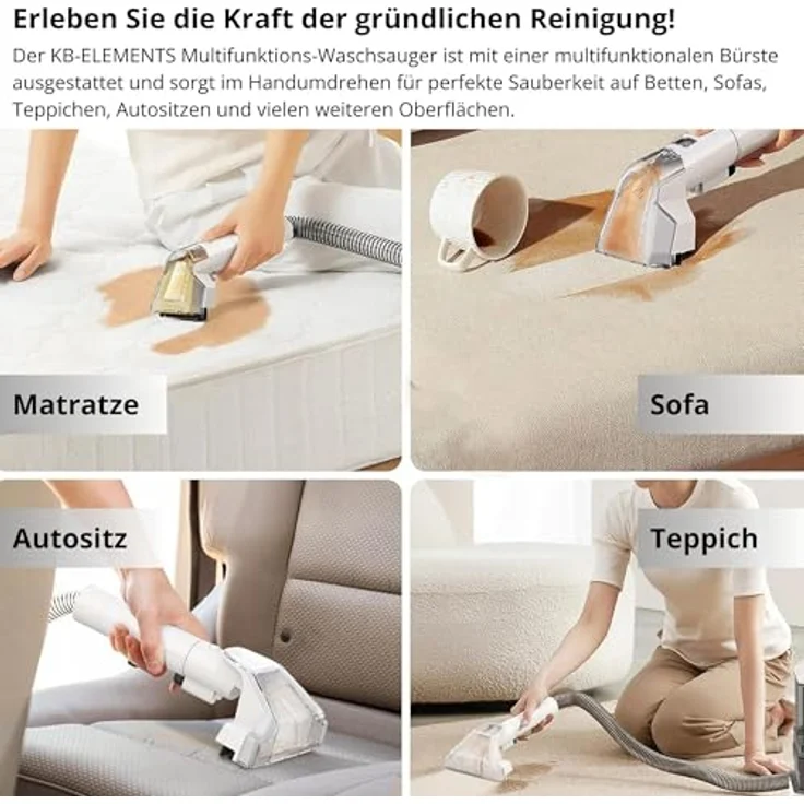 KB ELEMENTS Waschsauger Polsterreiniger, 750 Watt, 1080 ml Schmutzwassertank, inklusive Fenster- und Fliesenaufsatz, Tierhaarbürste, 5 Meter Kabel – Bild 3