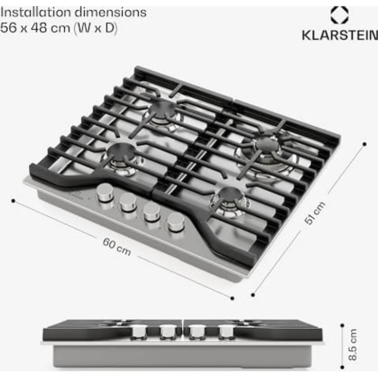 Klarstein Turbocast Gaskochfeld - 4-Brenner Edelstahl, 3,4 kW Wokbrenner, Gusseiserne Halter, Elektrische Zündung, Sicherheitsabschaltung, LPG-Umrüstsatz, Gasherd Für Flexibles Kochen – Bild 2