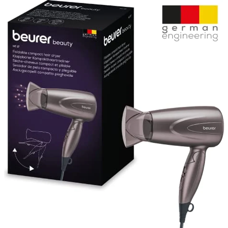 Beurer HC 17 Haartrockner, kompakter Föhn mit Klappfunktion, zwei Heiz- und Gebläsestufen, 1300 Watt, Überhitzungschutz und Profidüse, klappbarer Haartrockner für unterwegs mit Aufhängeöse – Bild 5