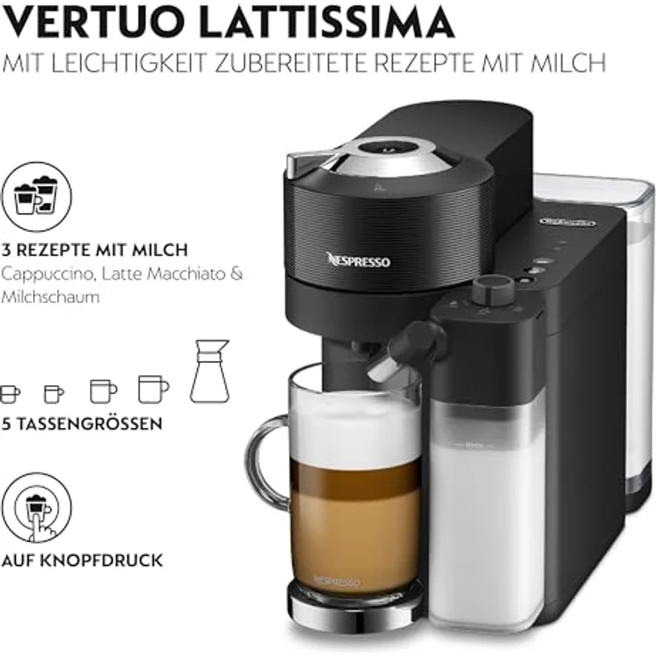 Nespresso Vertuo Lattissima ENV300.B, Kapselkaffeemaschine mit Centrifusion-Technologie, 5 Größen von Kaffee und 3 Milchrezepten, schwarz – Bild 2