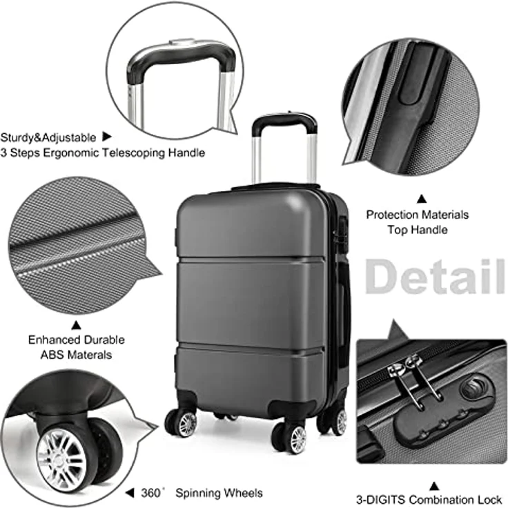 KONO Reisekoffer 55x38x22cm, Handgepäck Trolley aus ABS, 33L, leicht mit 4 Spinner-Rollen, grau – Bild 4