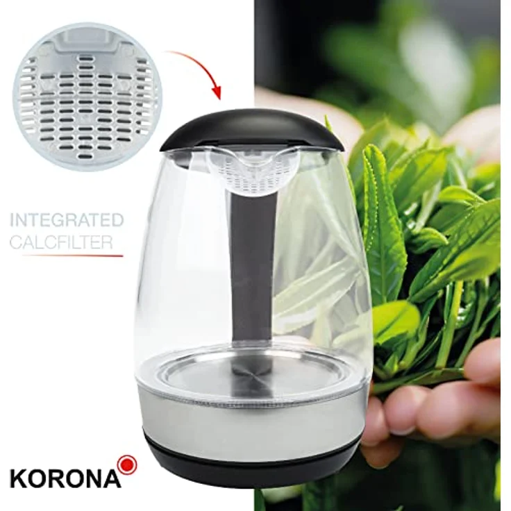 Korona 20608 Glas-Wasserkocher, 2200 Watt, 1,2 Liter, LED-Beleuchtung, verdecktes Heizelement, Kalkfilter, silber, schwarz – Bild 5
