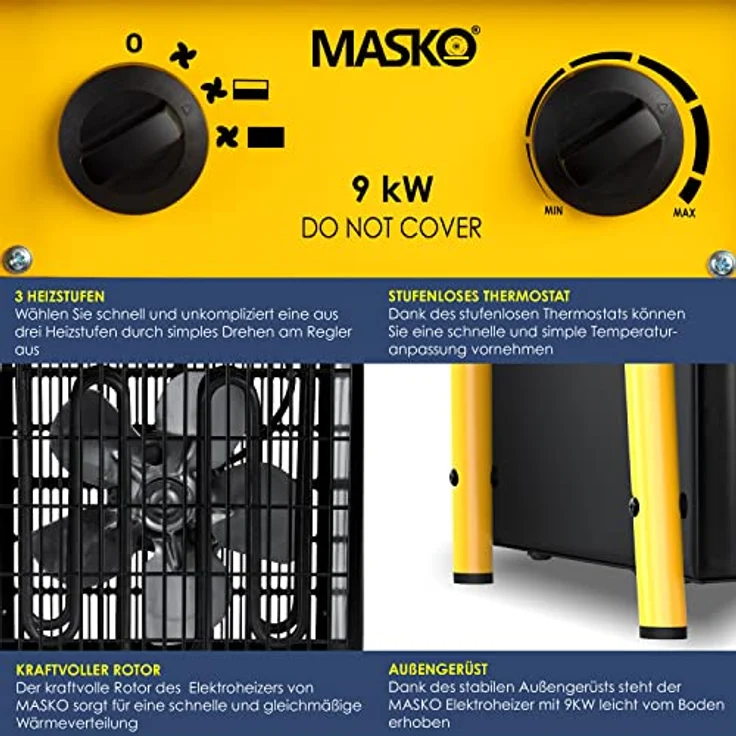 Masko® Elektroheizer Heizlüfter Bauheizer 9 KW mit integriertem Thermostat elektrisch Heizgerät 9000 Watt 3 Heizstufen Heizgebläse für Innen- und Außeneinsatz Überlastschutz Elektroheizgebläse Gelb – Bild 5