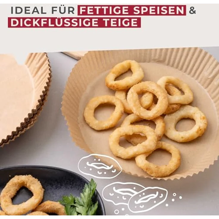 Fackelmann Backpapier für Heißluftfritteuse, 20 x 20 cm rund, 40-teilig, öl- und wasserfest, hitzebeständig bis 220 °C, mikrowellen- und backofengeeignet – Bild 4