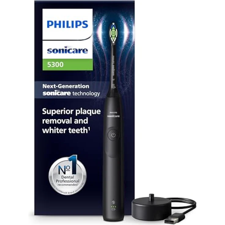 Philips Sonicare 5300 elektrische Zahnbürste, Schallzahnbürste mit 2 Intensitätsstufen, Andruckkontrolle, EasyStart, Smartimer und BrushPacer, Schwarz – Bild 1