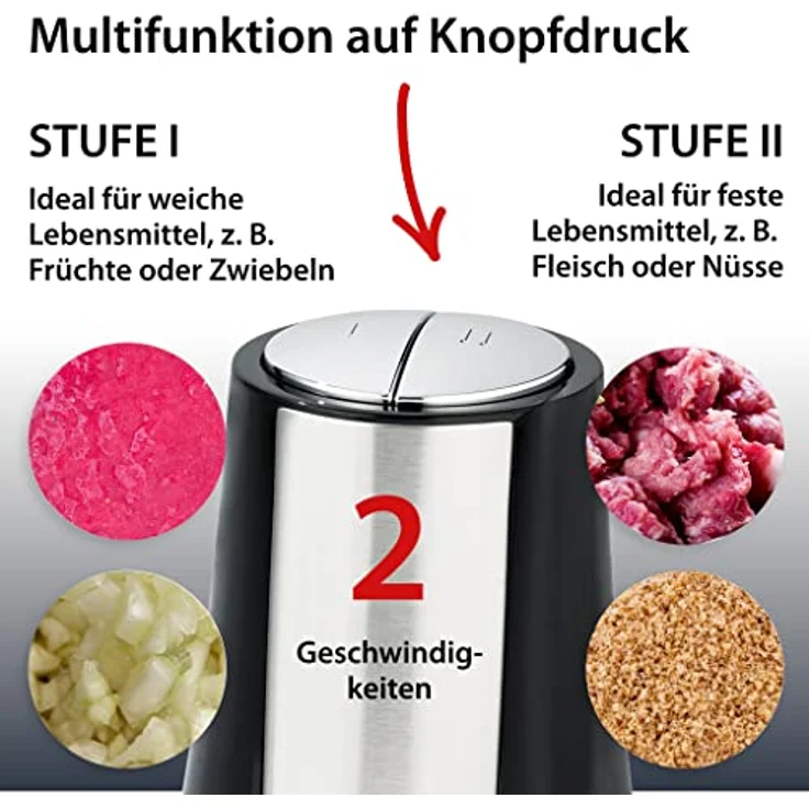 ADE Kraftvoller elektrischer Zerkleinerer | starker 500 W Motor | große 1,2 l Glasschüssel | 4 Edelstahlklingen | 2 Geschwindigkeiten | Zwiebeln, Gemüse, Fleisch | Zwiebelschneider – Bild 4