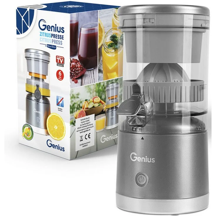 Genius Zitruspresse by Nicer Dicer, elektrischer Entsafter mit 45 W, kabellos und leistungsstarker Akkuleistung: Tests, Infos & Preisvergleich
