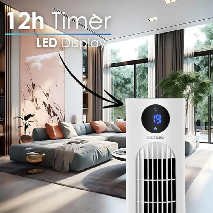 Echos Turmventilator | Ventilator sehr leise | Fernbedienung | Oszillierend | LED-Display | 3 Stufen | Tower Fan | Säulenventilator | Standventilator | Tower-Ventilator | Luftkühler | 12h Timer – Bild 3