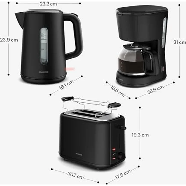 Klarstein Velaire Frühstücksset, Toaster 2 Scheiben mit Brötchenaufsatz, Wasserkocher 1,7L, Filterkaffeemaschine 10 Tassen, 7 Bräunungsstufen, Warmhaltefunktion, Glas-Kanne – Bild 8