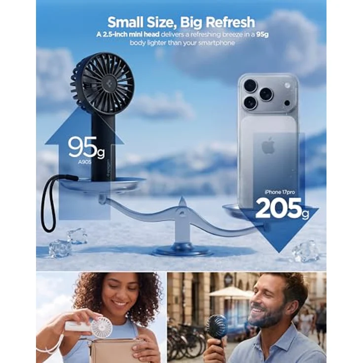 Spigen Handventilator Mini, Akku Aufladbar, USB-C, 3 Geschwindigkeitsstufen, Schwarz – Bild 2