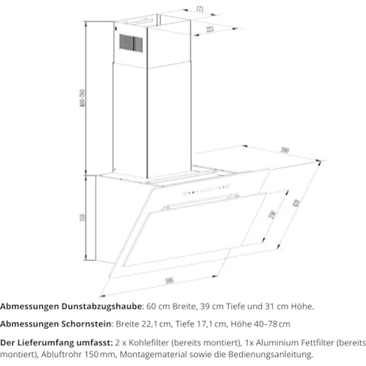 KB ELEMENTS Dunstabzugshaube Unterbau 60 cm, 1000 m³/h, Touch- und Gestensteuerung, Abluft- und Umluftbetrieb, Fernbedienung, LED-Beleuchtung – Bild 7