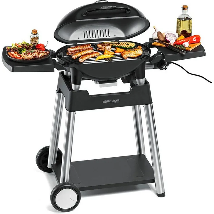 Rommelsbacher Tischgrill BBQ 4100/S, Set mit elektrischem Barbecue Grill und mobilem Grillwagen, silber