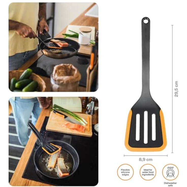 Fiskars Functional Form Pfannenwender, flexibler Wender für Omeletts und Pfannkuchen, hitzebeständig bis 220°C, integrierte Ablage, Länge 29,5 cm, Schwarz/Orange – Bild 2