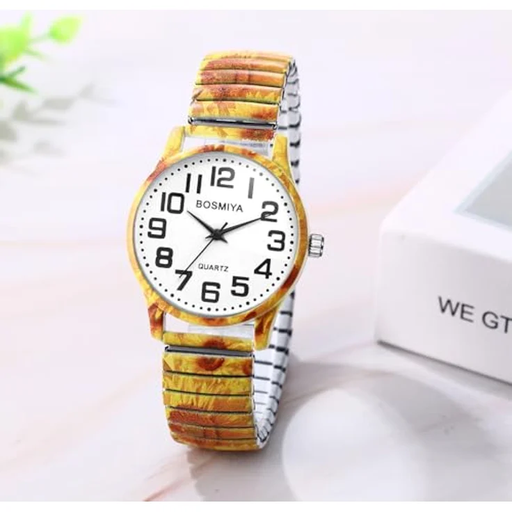 JewelryWe Damenuhr Boho Sonnenblumen, Elastische Armbanduhr im Bohemian Hippie Stil mit großem Ziffernblatt, Edelstahl Stretcharmband, Analog Quarzwerk – Bild 5