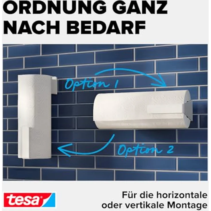 tesa Küchenrollenhalter, selbstklebender Wandrollenhalter, Komplett-Set mit Adapter und Wasserwaage, Montage ohne Bohren, max. 5 kg belastbar – Bild 4