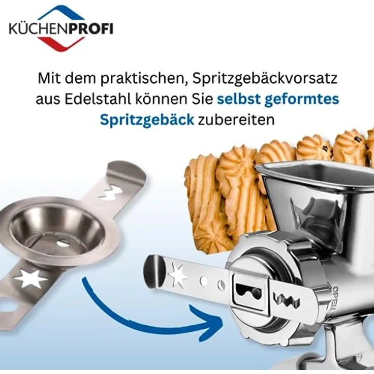 Küchenprofi SOLIDO Edelstahl Fleischwolf manuell, inkl. 3 Lochscheiben u. Spritzgebäckvorsatz, zum Zerkleinern von Fleisch, als Gebäckpresse für Spritzgebäck u.m., ​mit extra großer Tischklemme – Bild 4