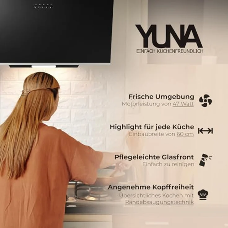 Yuna Dunja Dunstabzugshaube, A, Abluft und Umluft, Wandmontage, Breite 60 cm, Randabsaugung, Drucktasten – Bild 5
