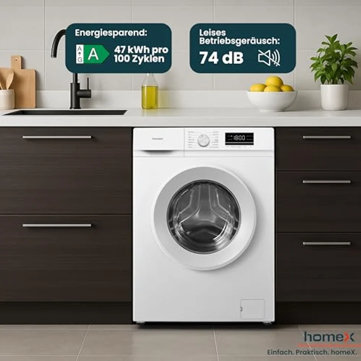 homeX Waschmaschine WF812K1A-W, 8 kg Frontlader mit 1.200 U/Min, Inverter Motor, 14 Programme, leise 74 dB, AquaStop, weiß – Bild 8