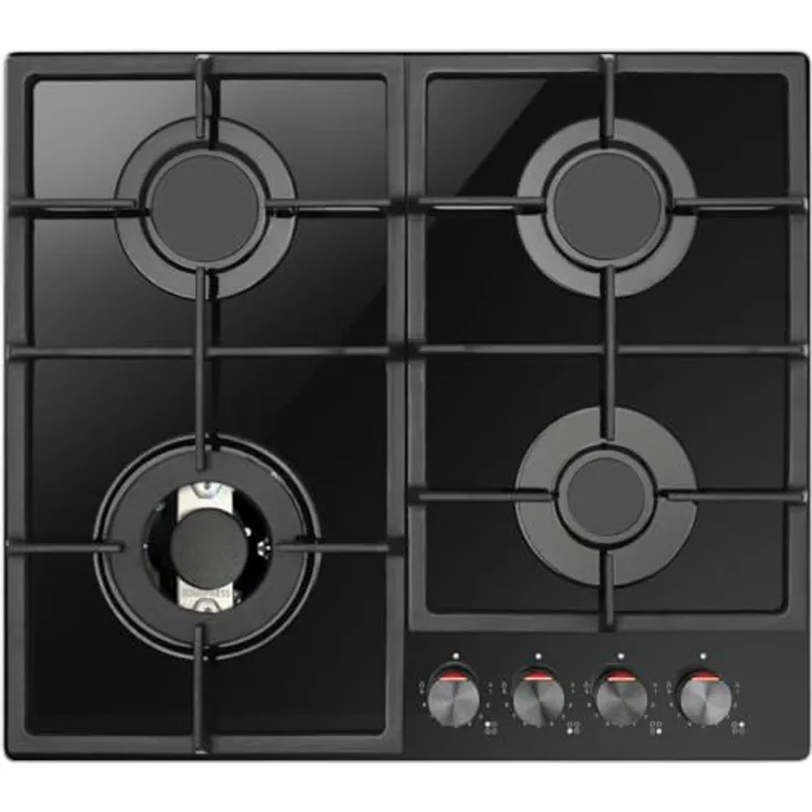 Amica KMG 734 060 S Autarkes Gaskochfeld, 59 cm breit, mit Glaskeramik, rahmenlos, elektrische Einhand-Funkenzündung, Knebelsteuerung, schwarz