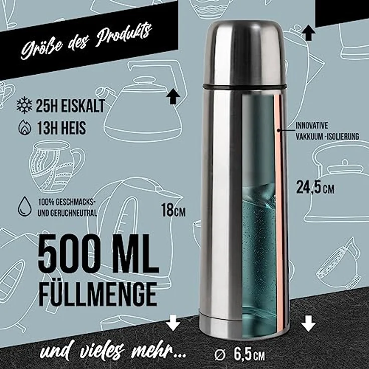 GOODS+GADGETS Edelstahl Thermosflasche mit Becher; Doppelwandige Isolierkanne; Auslaufsicher, Spülmaschinenfest & BPA-frei; hält Getränke heiß & kalt (Silber, 500 ml) – Bild 2
