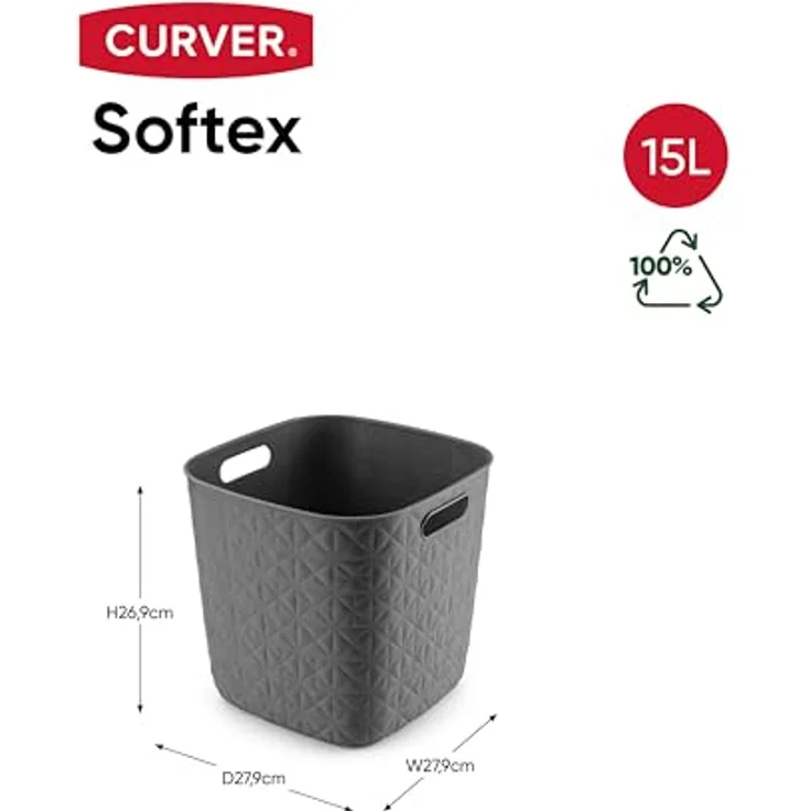 Curver Aufbewahrungskorb Softex 15 l, leicht, stapelbar, 100% recycelt, 27 x 27 x 26 cm, grau – Bild 4