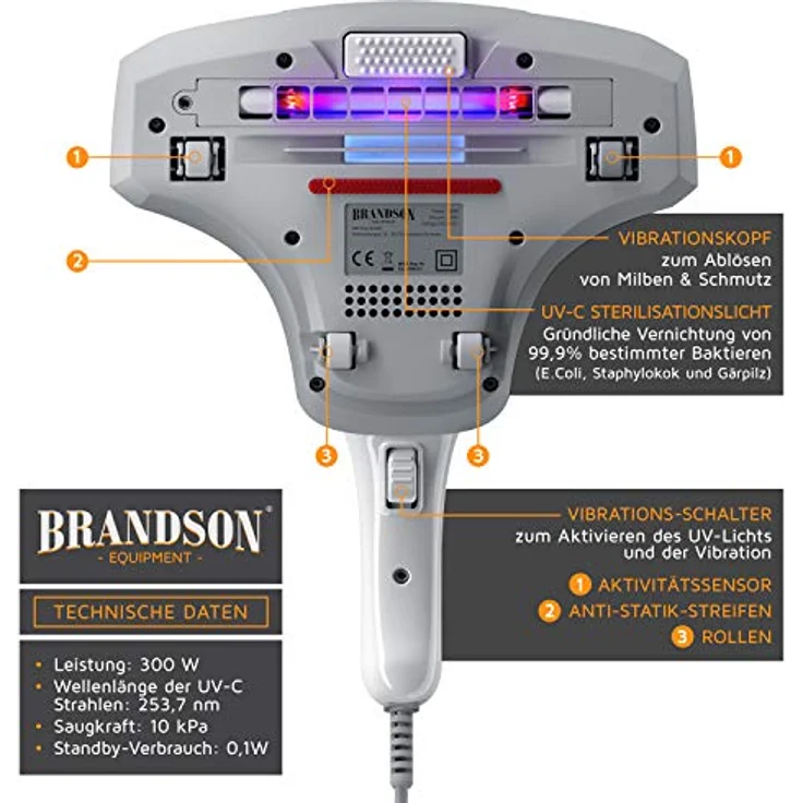 Brandson Milbenstaubsauger 300W - Milben-Handstaubsauger mit UV Sterilisationslicht - -Schmutzbehälter 150 ml - desinfiziert Betten Bekleidung Polstermöbel - Milbensauger ideal für Allergiker – Bild 3