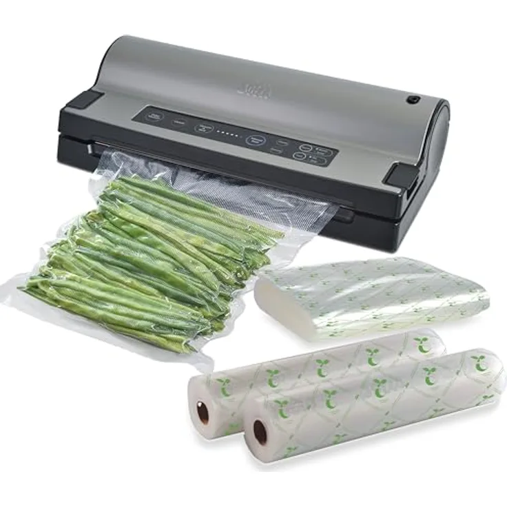 Solis Vakuumierer Vac Prestige, Vakuumiergerät mit Pulse- und Marinierfunktion, Vorteilspack mit kompostierbaren Folien und Beuteln, ideal für Sous Vide, silber