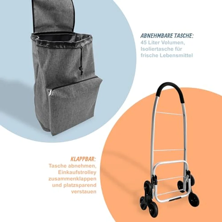 relaxdays Einkaufstrolley Treppensteiger 45 l, Einkaufsroller mit Kühlfach und Treppensteigerrädern, grau – Bild 5