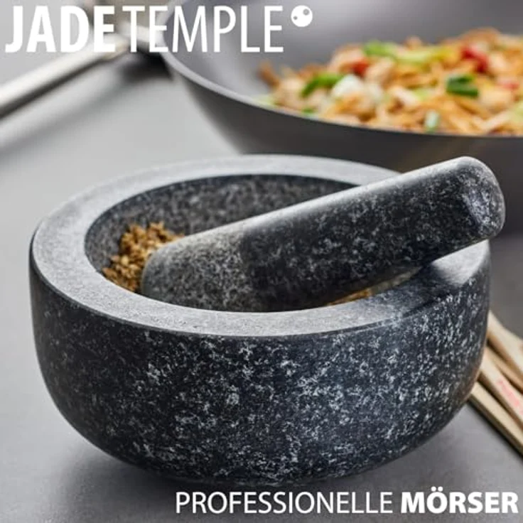 JADE TEMPLE Steinmörser mit Stößel im Set, effektives und einfaches mörsern, aus massivem Granit mit 18 cm Durchmesser und 8,5 cm Höhe – Bild 3