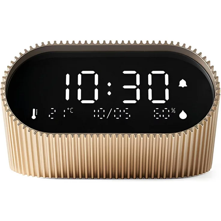Lexon Ray Clock, Quarzwecker Digitalwecker mit schwarzem LCD-Display, Innenthermometer und Hygrometer, goldfarben