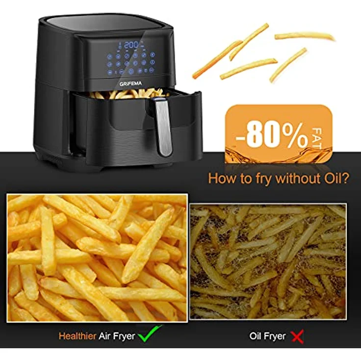 GRIFEMA GC2001, Heißluftfritteuse 6.5L/1800W ohne Öl- Luftfritöse mit Digitalem LED Touchscreen, Friteuse 12 Programmen, Heissluftfriteuse Präziser Temperaturregelung, Airfryer Zeitsseinstellung – Bild 4
