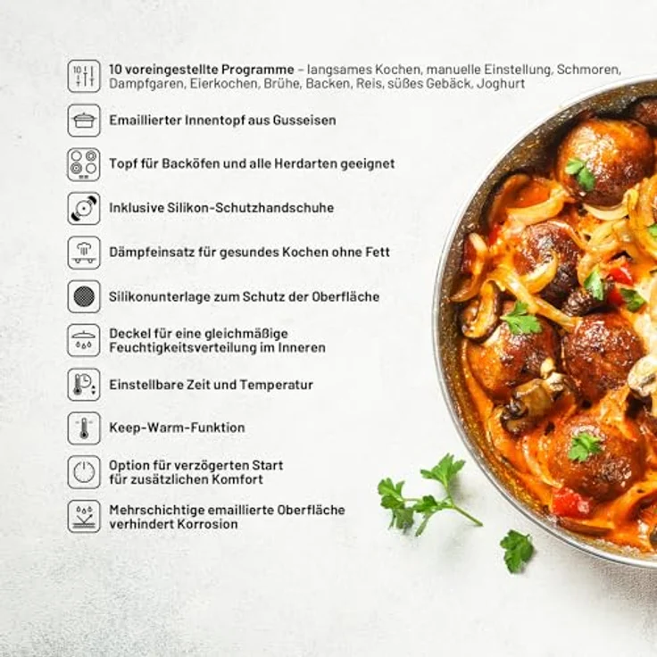 Lauben Multikocher OvenSafe® Multicooker 6000RS, Emaillierter Topf, Ofengeeignet, 1500,00 W, 6,00 l Schüssel, 10 Programme, Dampfgarer, Reiskocher, Gusseisen, Silikonhandschuhe, Silikonunterlage – Bild 6