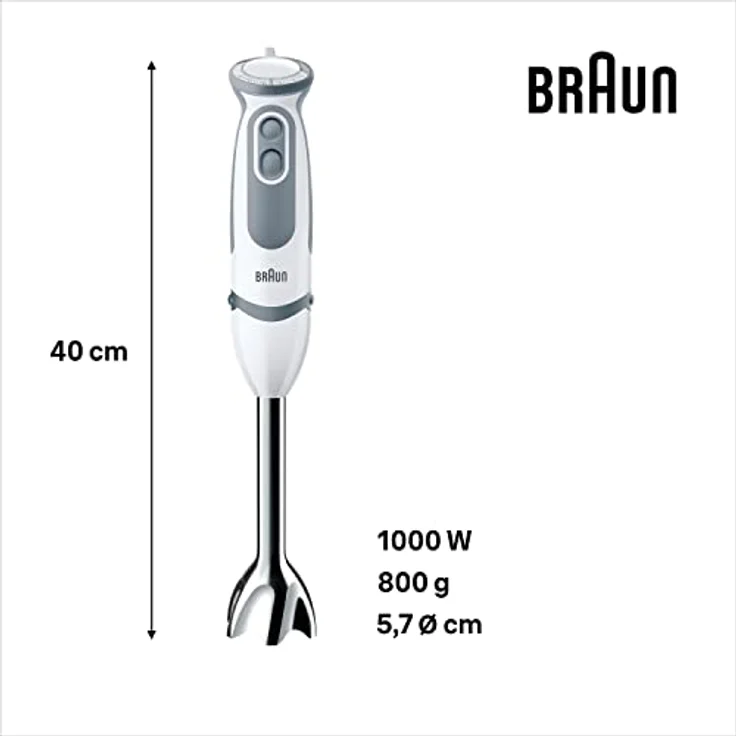Braun MQ5207WH 5V MultiQuick Stabmixer,1000W, 21 Geschwindigkeiten, POWERBell Plus, EasyClick, SPLASHControl, inkl. Schneebesen, Messbecher, Gemüsestampfer, weiß-grau – Bild 3