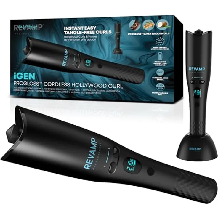 REVAMP Hollywood Curl kabelloser Lockenstab - Automatischer rotierender Haarstyler, Ionenfunktion, Keramik, Progloss-Öle - Rosa