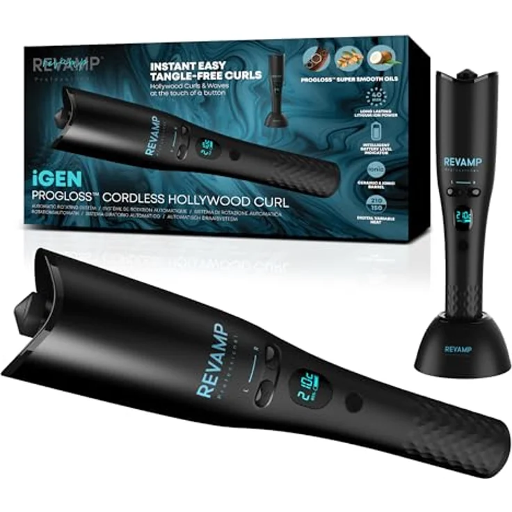 REVAMP Hollywood Curl kabelloser Lockenstab - Automatischer rotierender Haarstyler, Ionenfunktion, Keramik, Progloss-Öle - Rosa – Bild 1
