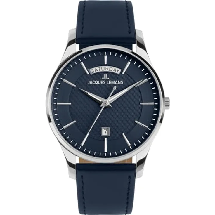 JACQUES LEMANS London 1-2193C, Herren-Armbanduhr mit blauem Lederarmband, Edelstahlgehäuse und Quarzwerk, Kalenderfunktion