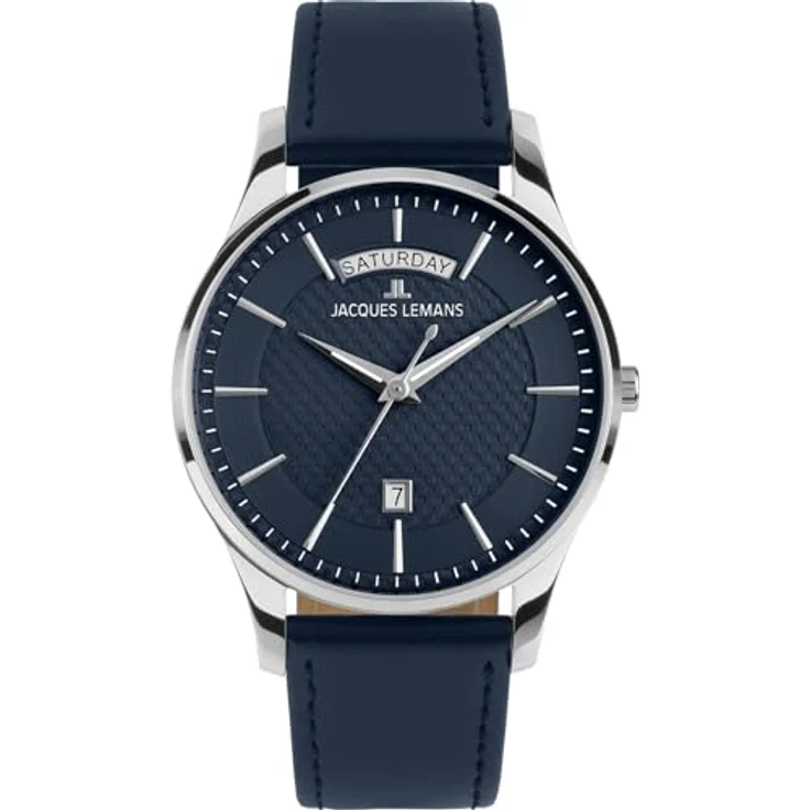 JACQUES LEMANS London 1-2193C, Herren-Armbanduhr mit blauem Lederarmband, Edelstahlgehäuse und Quarzwerk, Kalenderfunktion – Bild 1