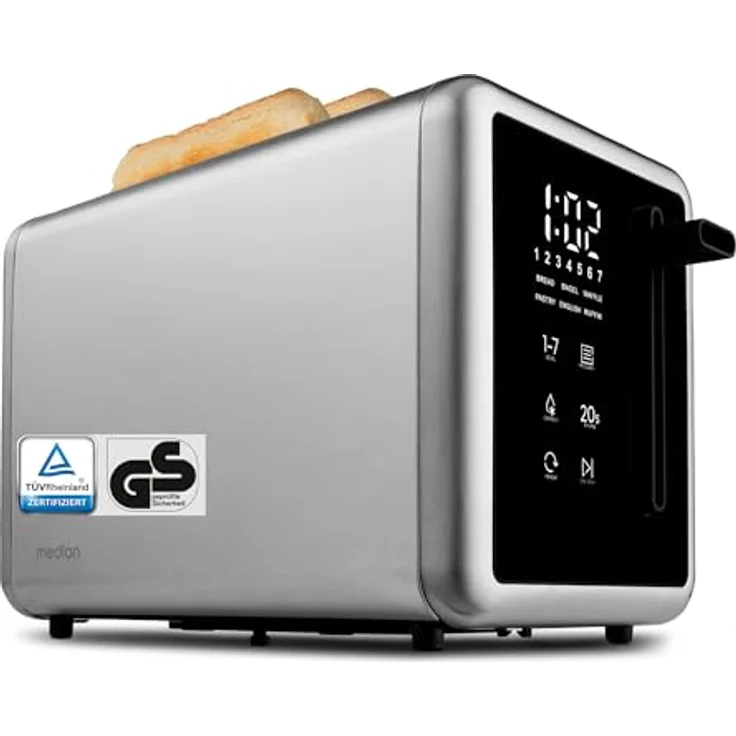 MEDION MD 12102 Toaster 2 Scheiben mit Brötchenaufsatz, 7 Bräunungsstufen, 5 Automatikprogramme, 850 Watt, Edelstahl matt, silber – Bild 1