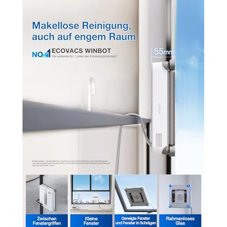 ECOVACS WINBOT Mini 2, Fensterputzroboter mit Appsteuerung, 50ml Wassertank, 230ml Reinigungslösung, Bürsten an allen Ecken, 3,5m Kabel – Bild 2
