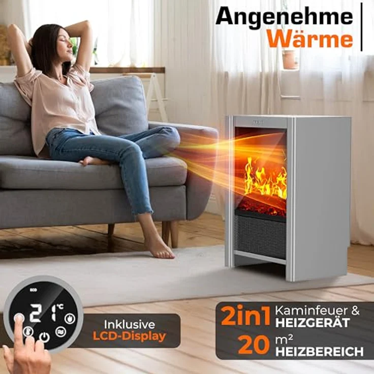 TRESKO Elektrokamin TRESKO® mit Heizung, Fernbedienung und WiFi App, 2000W, LED-Flammeneffekt, LCD-Display, 3 Heizmodi – Bild 3