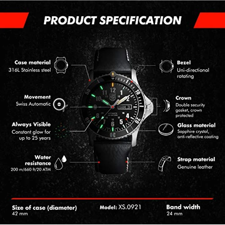Luminox Automatic Sport Timer XS.0921 Mens Watch 42mm - Black/Silver Day/Date Function 200m Water Resistant Sapphire Glass – Bild 3