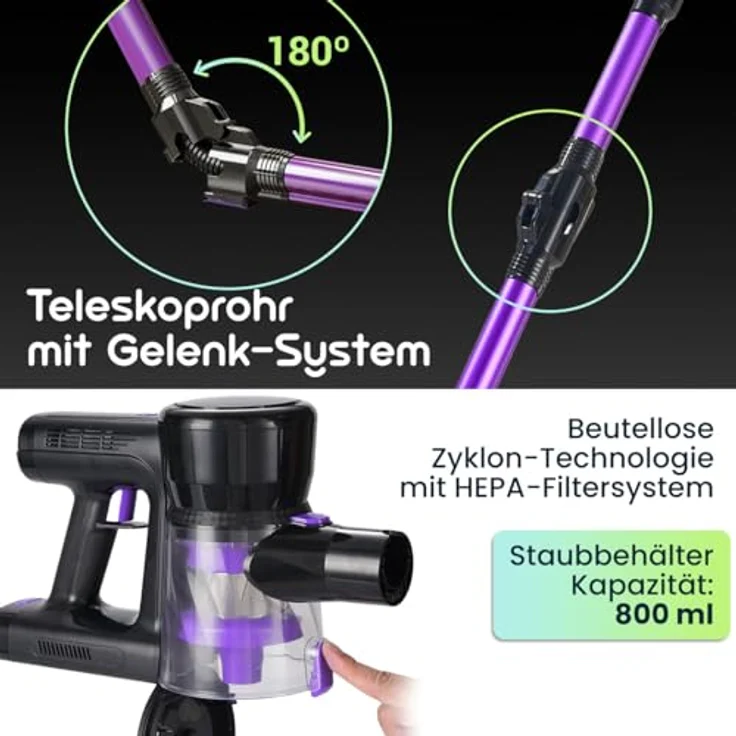 Casativo Multifunktionaler 2in1 Akku Staubsauger - Zyklon-Hand- & Bodensauger mit Wischaufsatz, 23 kPa Saugkraft, HEPA-Filter, beutellos, für allergikerfreundliche Reinigung – Bild 4