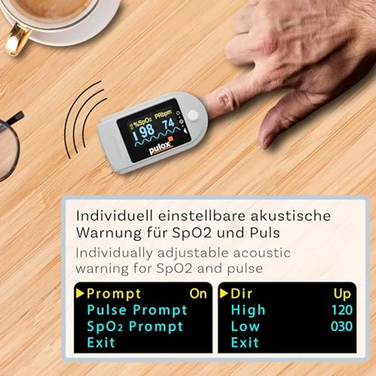 PULOX Pulsoximeter PO-200A Solo mit Alarm und Pulston, Grau, zur Messung von Puls, Sauerstoffsättigung und PI am Finger – Bild 3