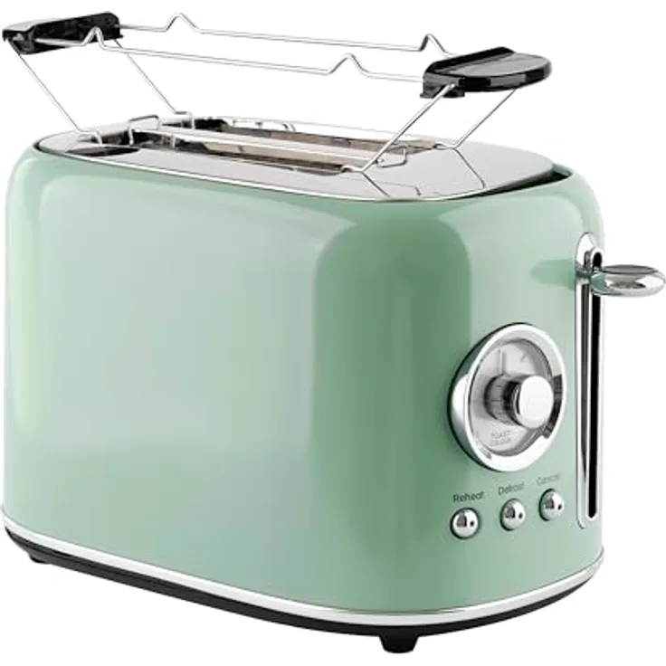 Emerio Toaster TO-133281, Retro-Toaster aus grünem Edelstahl mit 7 Bräunungsstufen, Auftau- und Aufwärmfunktion, automatischer Zentrierung, Abbruchfunktion, herausnehmbarer Krümelschublade und Brötchenwärmer
