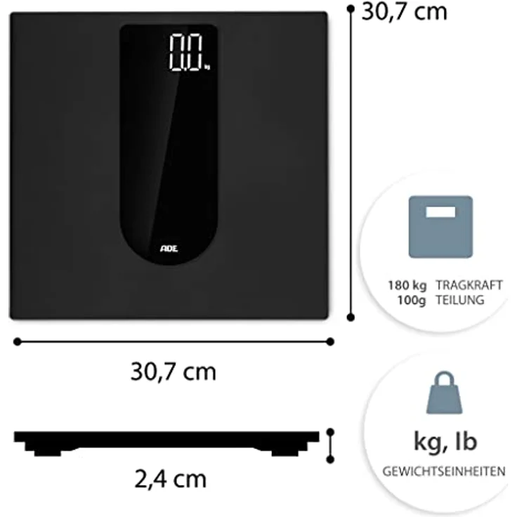 ADE Digitale Personenwaage mit großem LED-Display | rutschfeste Wiegefläche aus Sicherheitsglas | genaues Wiegeergebnis in 100-g-Scrhritten | elegante schwarz matte Oberfläche | bis 180 kg – Bild 2