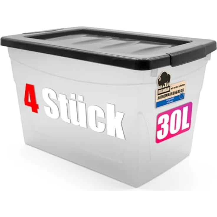 BigDean 4x 30 L Aufbewahrungsbox mit Deckel, stapelbare Plastikbox im milchig-transparenten Design für Haushalt und Lagerung – Bild 1