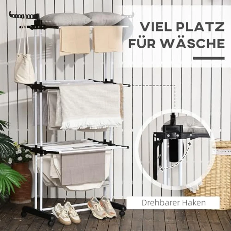 HOMCOM Wäscheständer Turmwäscheständer mit Rollen mit 4 Ebenen Standtrockner Ausziehbares Wäscheturm für Innen und Außen Stahl Schwarz 73 x 45,5 x 177cm – Bild 3
