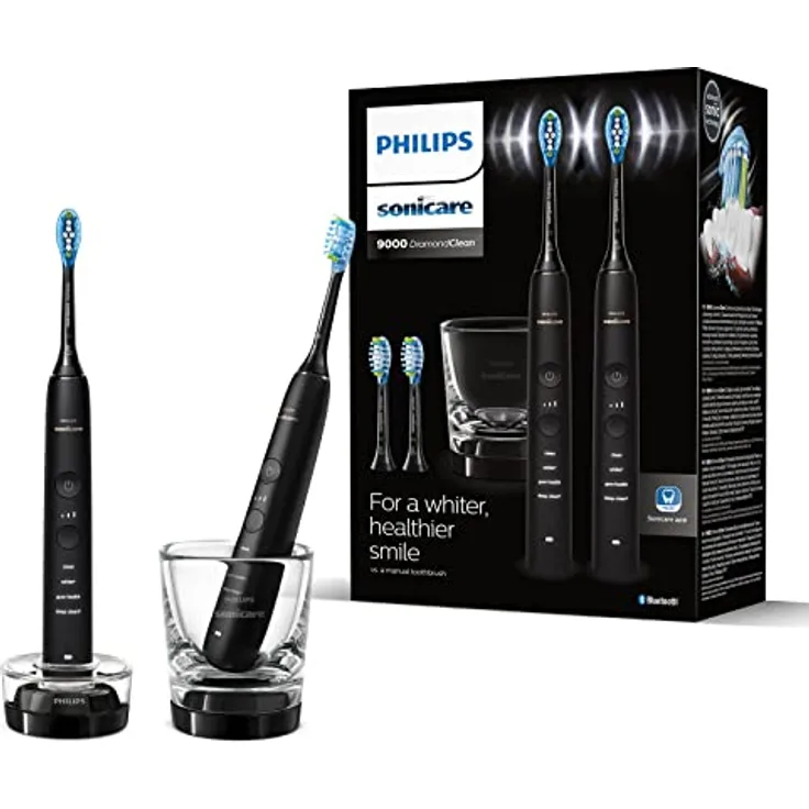 Philips Sonicare DiamondClean 9000 Elektrische Zahnbürste Doppelpack - 2 Schallzahnbürsten, 1 Ladeglas, 4 Premium Bürstenköpfe, neue Generation, schwarz, 2 Handstücke (Modell HX9914/63)